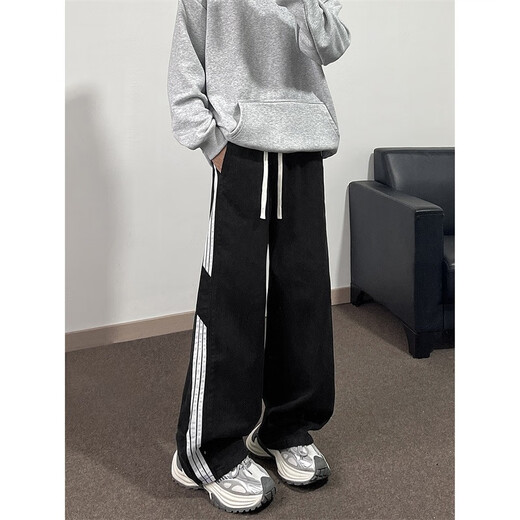 Boîte noire Blanc Jeans Spring et été de la marque à la mode masculine American Striped Splicing Pantalon décontracté lavé par l'eau Vibe High Street Pantalons droits lâches WKXS-K1047 BLUE XL