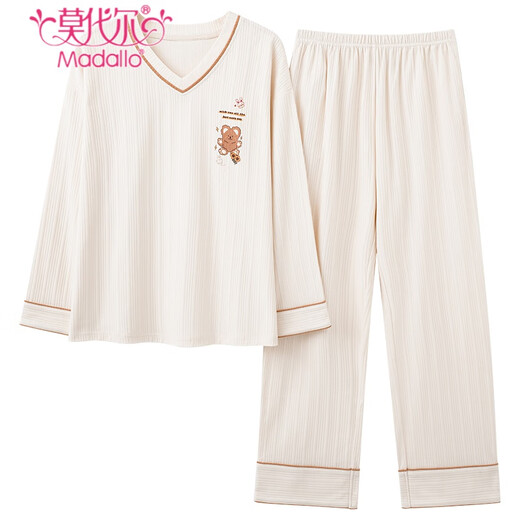 莫代尔睡衣女士春秋季新款舒适大码长袖两件套装休闲春夏款家居服可外穿 米白色 GXT9920图色 M (建议75-95斤)