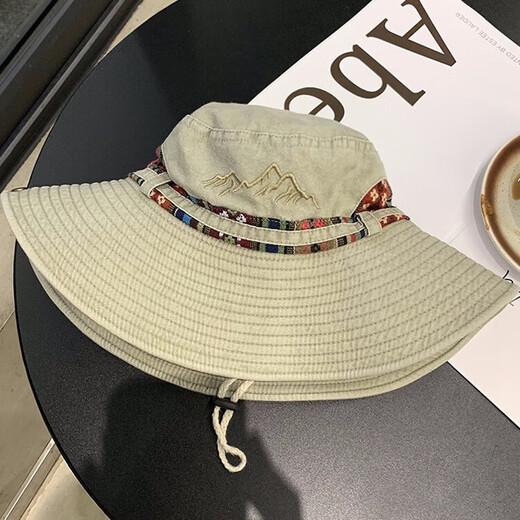 尔山集复古西部牛仔帽遮阳帽子女登山徒步渔夫帽大帽檐防晒夏季钓鱼户外 民族风刺绣渔夫帽【卡其绿色】