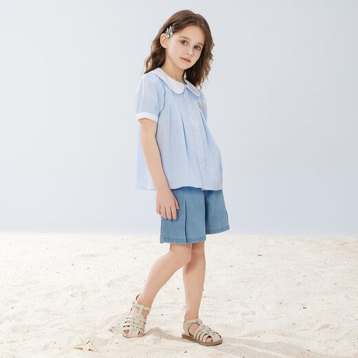 PawinPaw cartoon bear children's clothing 25 spring and summer new girls cute lapel short-sleeved shirt sweet Blue blue/50 110