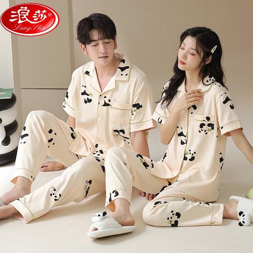 浪莎（LangSha）情侣睡衣可爱2025新款纯棉短袖开衫大码男女夏天可外穿家居服套装 6221 2XL 【两套价】单女M+单男