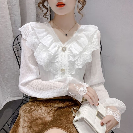 
Yu Zhaolin (YUZHAOLIN) [2694 people collect] 2025 summer new short-sleeved T-shirt for women's tops fashionable lace ruffled V-neck shirt white short-sleeved M