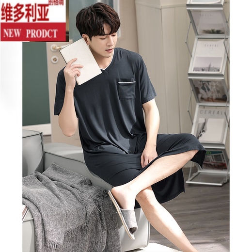 Victoria Men's Summer Short à manches à manches à manches à manches courtes intégrées Modal de grande taille de grande taille de grandeur de grande taille Summer YM844 Flower Grey Men's Nightgown 3xl Height 185-190 Poids 180-200