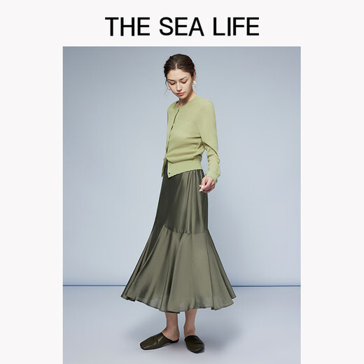 THE SEA LIFE半身裙女欧海一生 优雅丝滑半身裙女2025夏高腰鱼尾裙VB12101 橄榄绿 S
