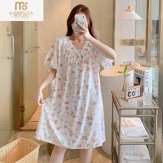 莫代尔短袖睡裙女夏棉绸睡衣裙人造棉连衣裙薄款大码宫廷公主休闲可外穿 1695米色碎花 均码 (适合90140斤
