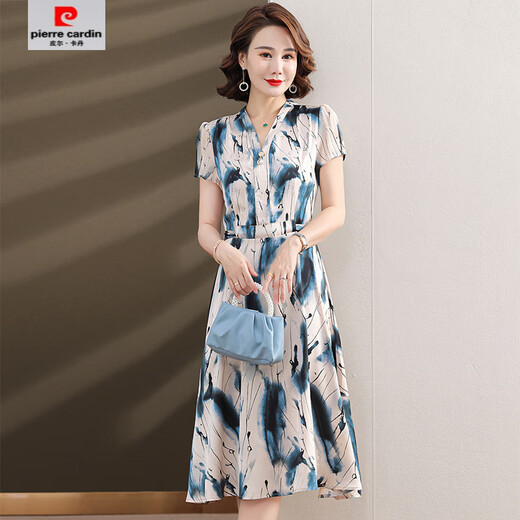 皮尔卡丹（pierre cardin）【1392人收藏】夏季显瘦妈妈气质连衣裙2025年新款时尚中老年妈妈 蓝色 L (建议90-100斤左右)