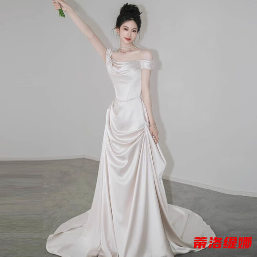 蒂洛缇娜缎面轻婚纱晚礼服女夏一字肩简约复古法式迎宾出门纱气质白色订婚 白色 M