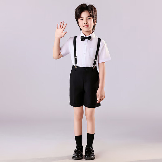 安妮优儿儿童礼服男童套装主持人演出服小男孩花童表演西装夏 黑色  150