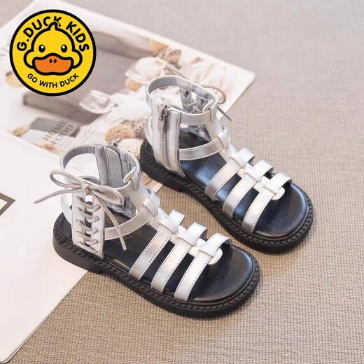 G.duck Girls Roman Sandals Open Toe 2025 Summer New Children's Shoes Beach Shoes Princess Style Big Girl Baby Beige 34 Inner Length 21.7cm