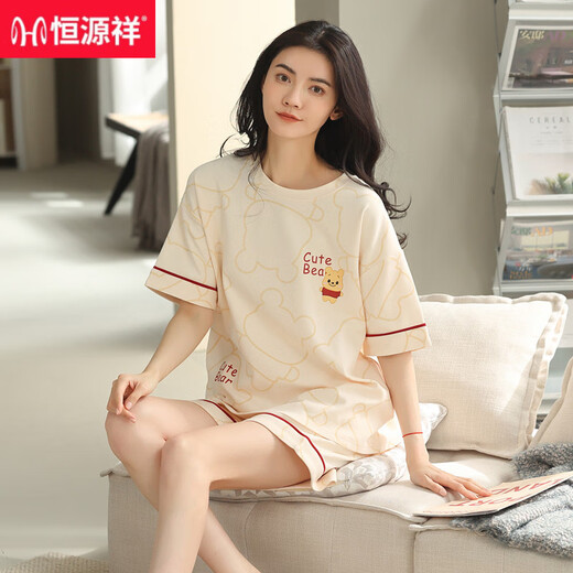 恒源祥2025年睡衣女夏季纯棉短袖短裤学生可外穿大码家居服两件套装 Y814黑条纹女纯棉 M 建议80-100斤