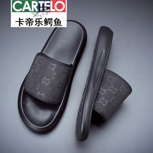 卡帝乐鳄鱼（CARTELO）拖鞋男夏季2025新款时尚百搭软底沙滩鞋男士外穿防水防臭一字拖鞋 黑色6189 38