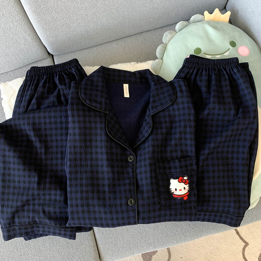 Jingpufei's new summer polka dot cotton gauze pajamas women's three-piece set comfortable home clothes Yunduo Cotton-9905# Black Love Three-piece Set M [Suggestion 75-100Jin [Jin equals 0.5 kg]]