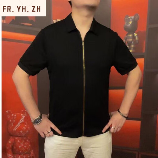 FR.YH.ZH天骏百货男翻领开衫拉链款短袖商务休闲休闲百搭高半袖OP3889 黑色 M 48(100-125斤)