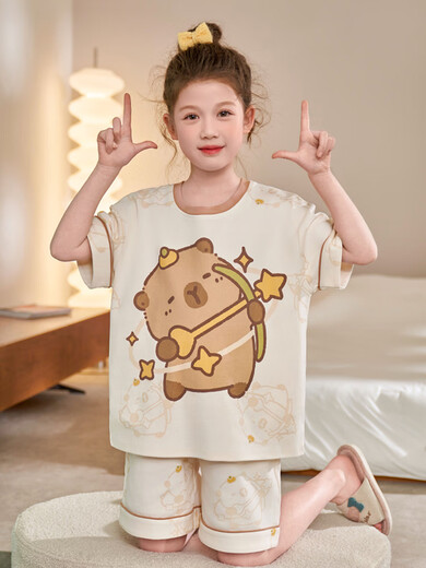 Vêtements à domicile des filles et pyjamas 2025 Nouveau produit kapibala pantalon pyjamas bébé enfant mignon costume fille pur coton n826 bambou jade guyea cochon 100 cm / 8 taille [hauteur 85-102cm]