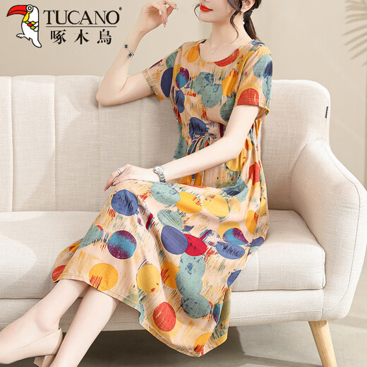 Der neue Sommer-Seidenkleid von Woodpecker, große sammelige, lose Baumwollkleid für Frauen, mittlere und ältere Frauenkleidung, Blumenstil, Bauch, M Mom, 9922 Modell Nr. 28 2xl (Empfohlen 120 Jin [Jin gleich 0,5 kg] -135 Jin [Jin gleich 0,5 kg]))