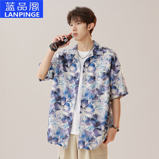 Lanpinge American Thin Sensing Ice Silk Silk Shirt à manches courtes pour les hommes 2025 Summer Trendy Casual Loose Ethnic Style Flower Shirt 7029 Maldives Blue M hauteur 165-175cm100-125jin [Jin est égal à 0,5 kg]