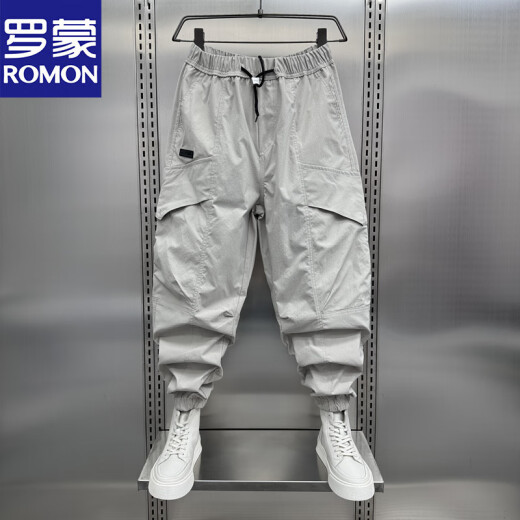 罗蒙（ROMON）夏季潮流速干休闲工装裤男士宽松束脚秋季机能户外九分痞帅哈伦裤 黑色(秋款) M 推荐100-115斤