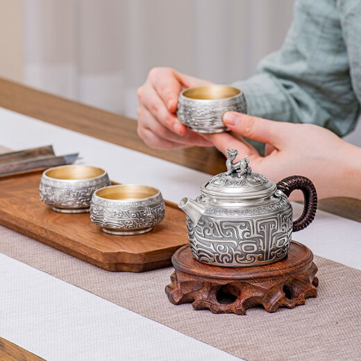 归银堂手工银壶纯银999泡茶壶家用茶道功夫茶具套装公道杯泡茶杯 一壶四杯一公杯 695克+证书+礼 0ml