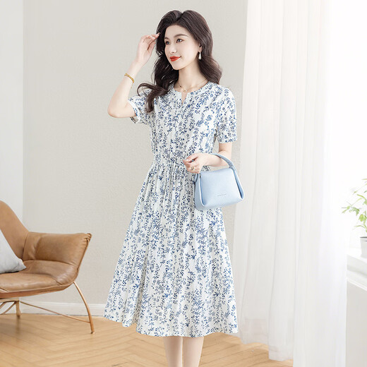 Taillenhaugitter von Cypress House Blumenrock 2025 Sommer Neues Frauen mit hoher Taisten Pullover runden Hals kurzärmelige modische Kleid S52B1921LS