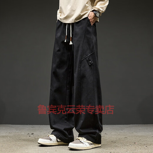 Rubink pants men's autumn and winter American overalls loose straight trousers wide-leg pants plus velvet thickened sports casual pants black (regular style) XL (recommended weight 130-140Jin Jin equals 0.5 kg)