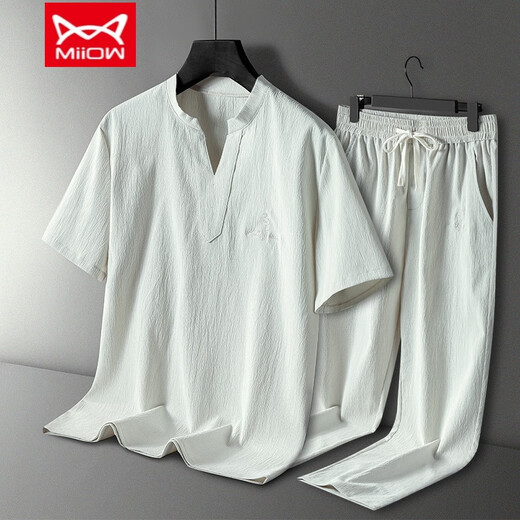 Catman (MiiOW) men's pajamas summer ice silk cool short-sleeved trousers new style can be worn on the outside summer large-size home clothing set 9906 black [short sleeves + shorts] set 3XL [140-155Jin [Jin equals 0.5 kg]]