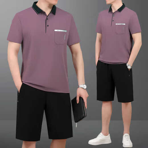 
DK brand men's short-sleeved T-shirt suit men's summer sports POLO shirt loose middle-aged and elderly casual two-piece set 682-water blue [short-sleeved + shorts] L