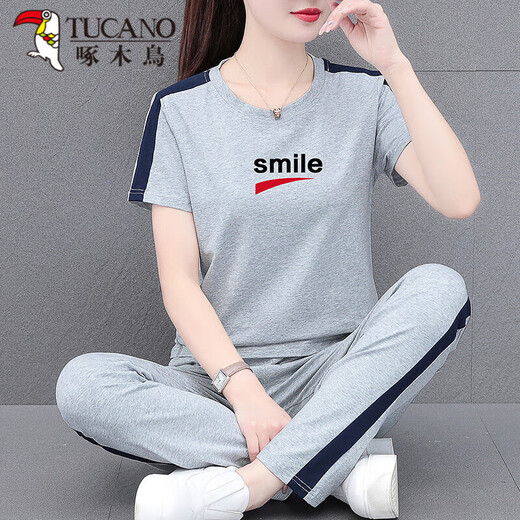 啄木鸟（TUCANO）夏季薄款运动套装女2025年新款妈妈装时尚夏装休闲纯棉短袖两件套 695 宝蓝[长裤套装] XL 【建议110-125斤】