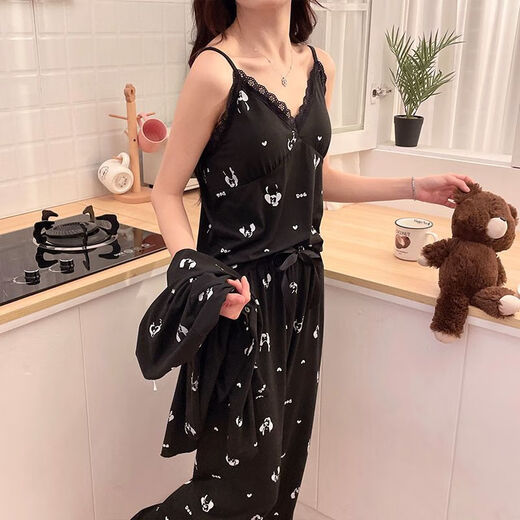 
Xianxiu sweet cartoon spring pajamas three-piece set for women's cute home clothes long sleeves trousers 13807# gray 170 M
