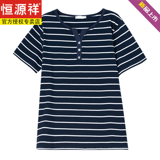 Hengyuanxiang striped short-sleeved T-shirt for women summer clothes with fat plus large size loose slimming top middle-aged mother versatile pure cotton t-shirt moss green [6219 models] L 100-115Jin [Jin equals 0.5 kg]