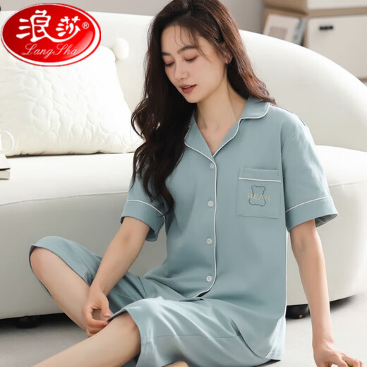 浪莎纯棉睡衣女士2025夏季短袖七分裤中青年款大码开衫套装薄款家居服 n9898短袖七分裤开衫 M (80-100斤)