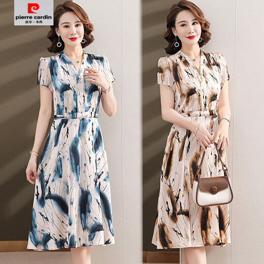 皮尔卡丹（pierre cardin）【1392人收藏】夏季显瘦妈妈气质连衣裙2025年新款时尚中老年妈妈 蓝色 L (建议90-100斤左右)