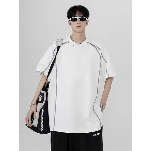 
COLORFUL GEMS summer contrasting line shoulder pad short-sleeved shirt men's design small neckline 1421 white M