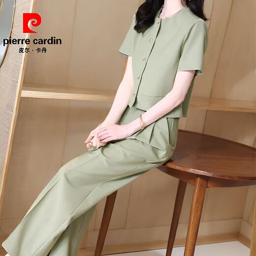 Pierre Cardan Fashion Set for Women Summer 2025 Nuevo estilo Mujeres delgadas de moda Camisa de manga corta de cuello corto Pantalones rectos Set para mujeres 12608 Black Set L [sugerido 95-110Jin [Jin iguala 0.5 kg]]]