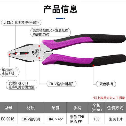 拓伏锐（TOPFORZA）钢丝钳日式工业级电工钳多功能老虎钳子平口钳剪线钳铬钒钢7英寸 EC-9216