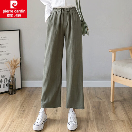 皮尔卡丹（pierre cardin）棉麻裤子女士春秋2025新款宽松九分亚麻直筒休闲裤夏季薄款阔腿裤 6630#军绿色 S 参考80-95斤