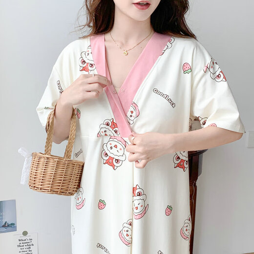Cao Jingjia summer short-sleeved pregnant women's nightgown with chest pad pregnancy pajamas 2025 new style hospitals can wear breastfeeding skirts outside when entering the delivery room QSY16819 short-sleeved skirt XL size Recommended weight 120-135 Jin [Jin equals 0.5 kg]