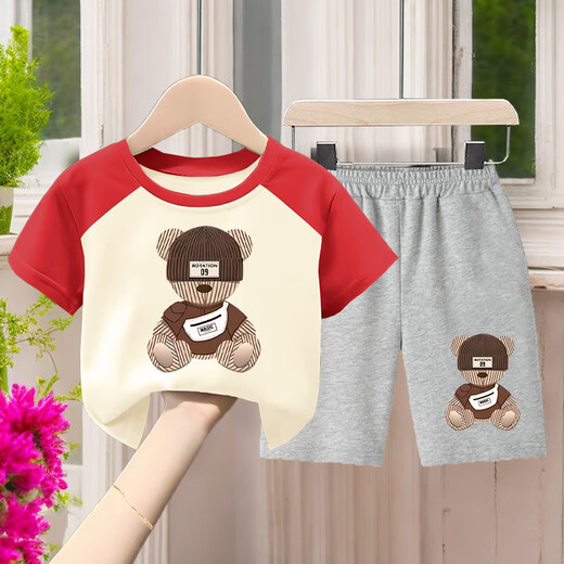 G.DUCKKIDS2025 Summer Children's Cotton Set Boys Thin T-shirt Handsome Short Sleeve Top Cartoon Casual Two-Piece Set 694#XT Short Green + 694# Gray Shorts Size 90 (Height 70-80cm)