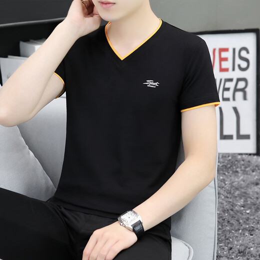 七匹狼男装2025新款v领青年男士短袖t恤纯棉修身薄款夏季休闲上衣服体恤 QY691黑色 M