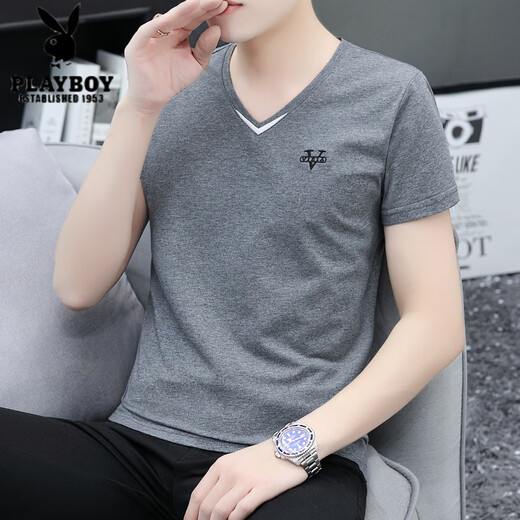 Playboy (Playboy) Doble de algodón en V bordado Camiseta de algodón corto deportes para hombres y camiseta casual estilo chino de moda