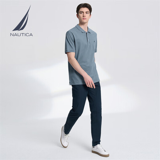 NAUTICA men's summer casual cotton ammonia multi-color skin-friendly soft micro-elastic lapel short-sleeved POLO shirt for men 3103 haze blue 41H M