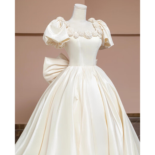 Kang Meishi's satin French light wedding dress 2025 new style bride small-sensing white puff sleeve main yarn white wedding dress XL