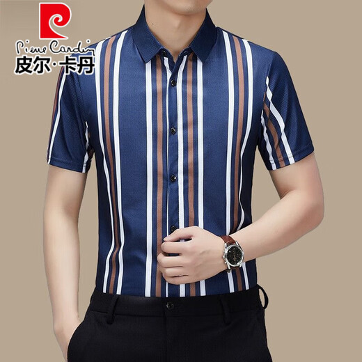 皮尔卡丹（pierre cardin）高档桑蚕丝短袖衬衫男士夏季新款潮流条纹弹力休闲商务免烫衬衣潮 白色 【高档短衣袖688】 L 170115-130斤