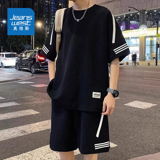 真维斯运动套装男士夏季薄款宽松潮流冰丝短袖t恤男短裤休闲两件套男装 FKS653黑色套装 3XL 约170-190斤可穿