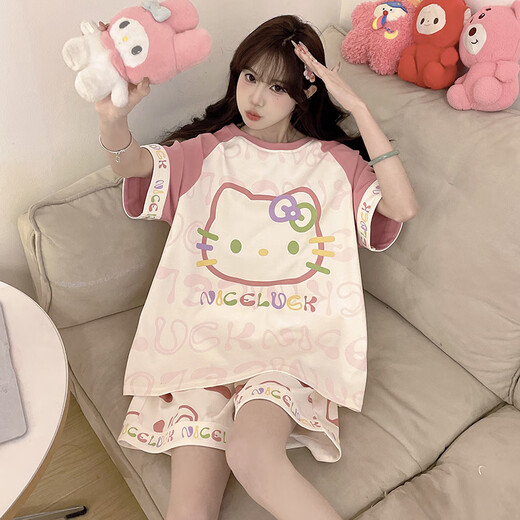 Junjunsui Dimei Kiti Cat Pajamas for Women in Summer 2025 New Pure Cotton Short Sleeve Cartoon Student Large Size Summer Home Suit Set Short-Z-9922 L [Suggested 100-120Jin [Jin equals 0.5 kg]]