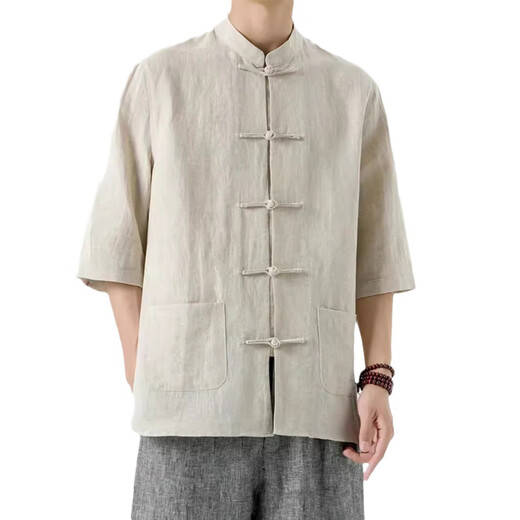 
Yu Zhaolin summer Chinese style linen short-sleeved Tang suit men's retro five-point sleeve Hanfu cotton linen lay Buddhist suit large size half-sleeved tea suit khaki thin style YM001 2XL [150-165Jin[Jin equals 0.5 kg]]