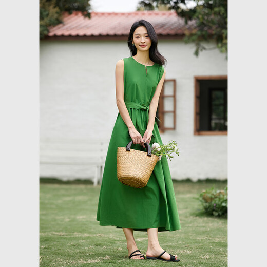 Vanciman French 100% cotton dress for women 2025 summer new high-end waisted sleeveless vest long skirt A1656 Scheller Green XL