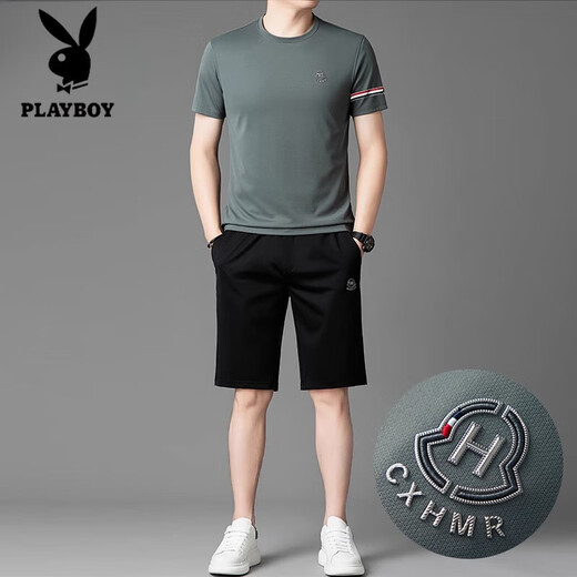 花花公子（PLAYBOY）品牌高档冰丝套装男夏季2025新款速干短袖短裤跑步休闲运动服 白色套装【13603-1】 M 165 【适合体重100-120斤】