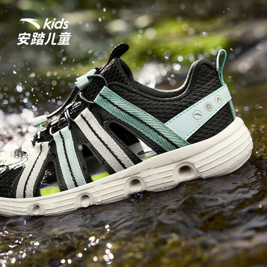 ANTA Children's Comfort Sandals Summer New Style Boys' Anti-Slip Wear-Resistant Frame Shoes Medium and Large Children's Trendy Fashion Beach Shoes Black/Ice Crystal Green-2 38 The shoe shape is too fat. If you have thin feet, it is recommended to take a smaller size.