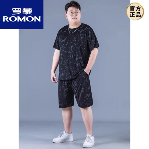 ROMON ice silk sports suit men's summer large size thin style men's quick-drying five-point pants fat plus fat plus loose short sleeves PZ829 black high-quality ice silk suit XL recommended 130-140Jin [Jin equals 0.5 kg]