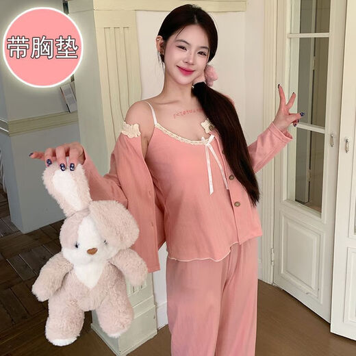 荣西图（RONGXITU）棉睡衣女带胸垫吊带三件套韩版甜美ins风家居服 S681#灰蓝 170 M